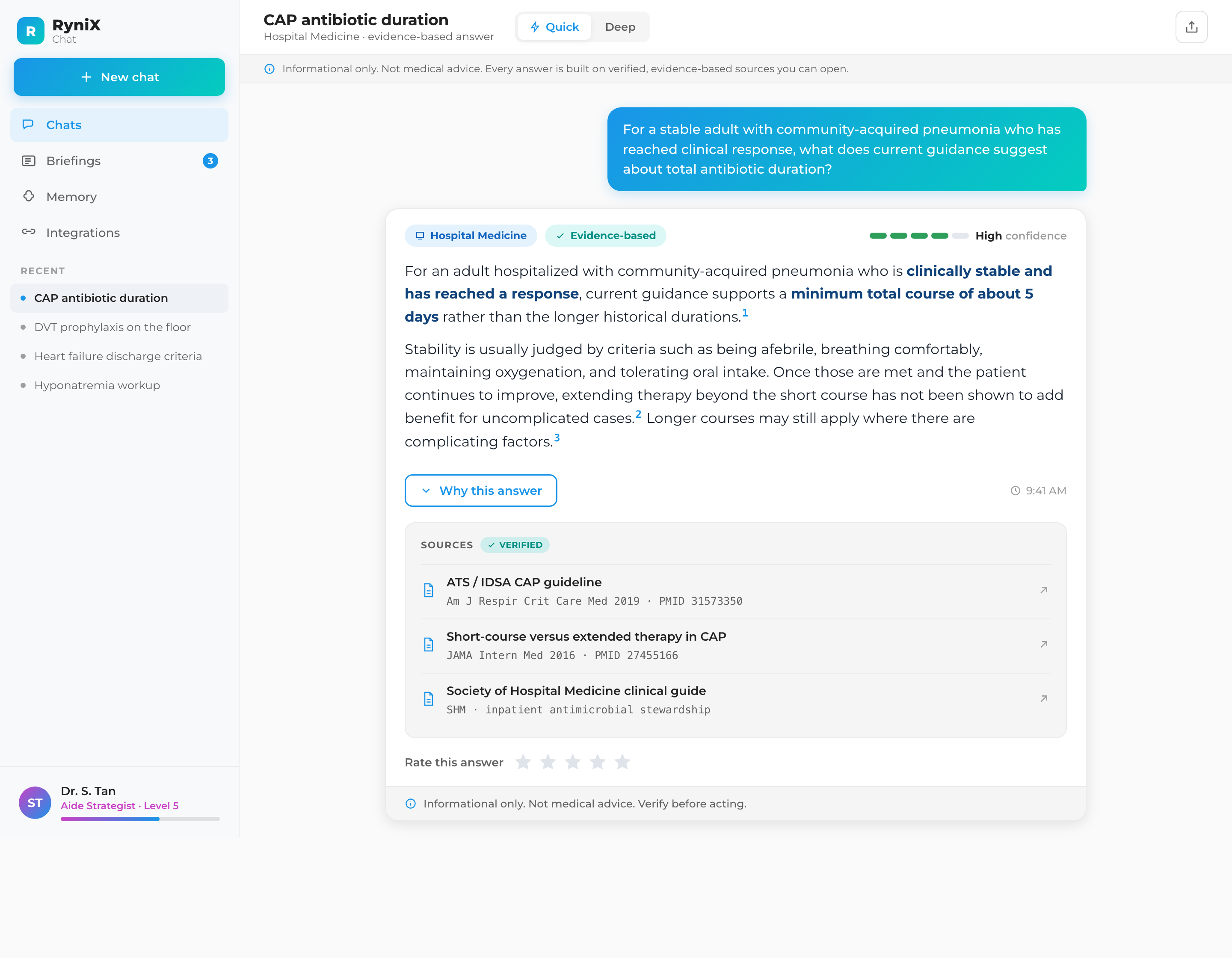 A RyniX Chat evidence-based answer with visible verified citations